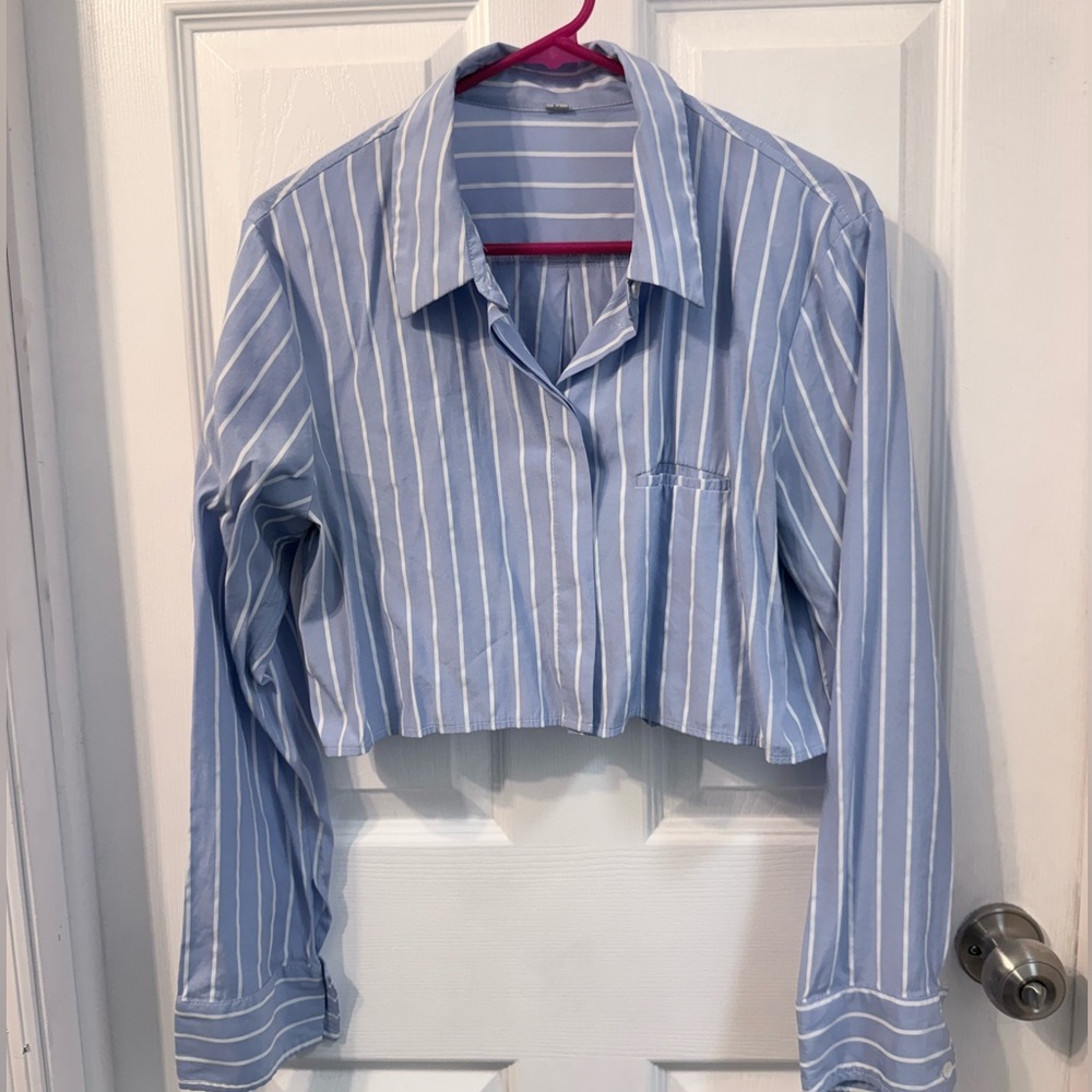 Blue and White Striped Cropped Shirt